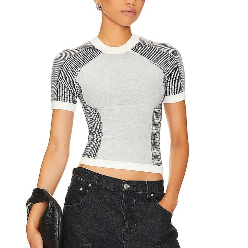 H:ours Fitted Ivory & Navy Charli Moto Knit Tee Size S